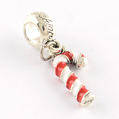 Antique Silver Plated Christmas Candy Cane Alloy Enamel European Dangle Charms ENAM-Q421-22-1