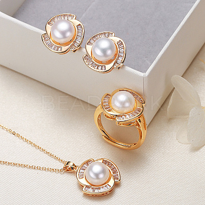 Brass Micro Pave Clear Cubic Zirconia Pendant Necklaces & Stud Earrings & Rings Sets WG2C5C9-03-1