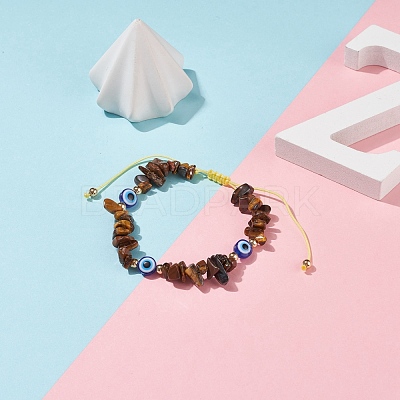 Natural Tiger Eye Chips & Resin Evil Eye Braided Bead Bracelet BJEW-JB08495-02-1