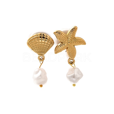 Starfish & Shell Shape 304 Stainless Steel Plastic Pearl Dangle Stud Earrings EJEW-G422-01G-02-1