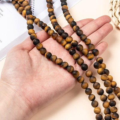 Natural Frosted Tiger Eye Round Bead Strands G-M064-8mm-02-1