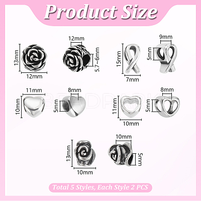 10Pcs 5 Styles 304 Stainless Steel European Beads STAS-GA0001-82-1