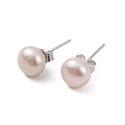 Natural Pearl Round Bead Stud Earrings EJEW-E298-01C-03P-1