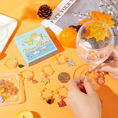 Autumn Theme Alloy Enamel with Glass Wine Glass Charms AJEW-SC0002-12-1