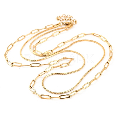 304 Stainless Steel Double Layer Paperclip Chain & Square Snake Chain Necklaces for Women NJEW-G140-01C-G-1
