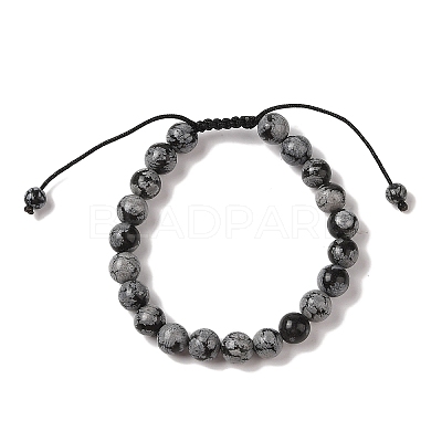 8mm Round Natural Snowflake Obsidian Braided Bead Bracelets BJEW-C067-01B-18-1