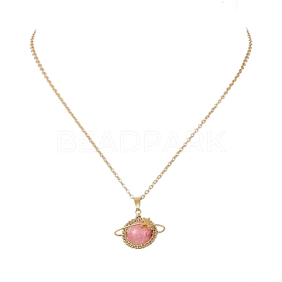 Dyed Natural Green Jade Copper Wire Wrapped Planet Pendant Brass Cable Chain Necklaces for Women NJEW-TA00260-01-1