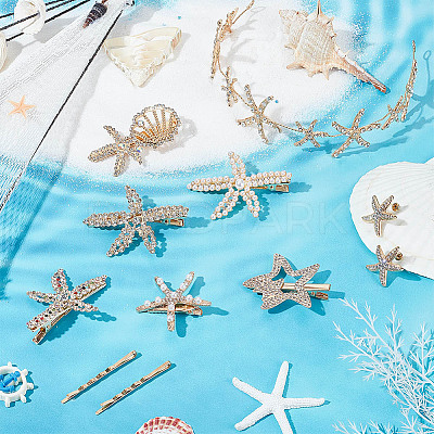 8 Style Starfish Alligator Hair Clips & Stud Earrings & Headband Set AJEW-PH0011-44-1