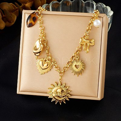 304 Stainless Steel & Resin & Imitation Pearl Multi-Pendant Bib Necklaces for Women SA-CBA717A-04G-1