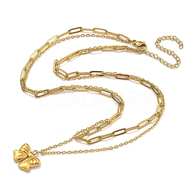 304 Stainless Steel Bowknot Pendant Necklaces LS-NJEW-L182-001G-07-1