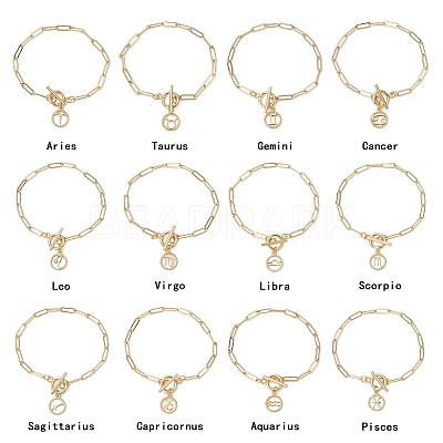 12Pcs Constellation Brass Paperclip Chains Charm Bracelets for Women BJEW-JB11256-1