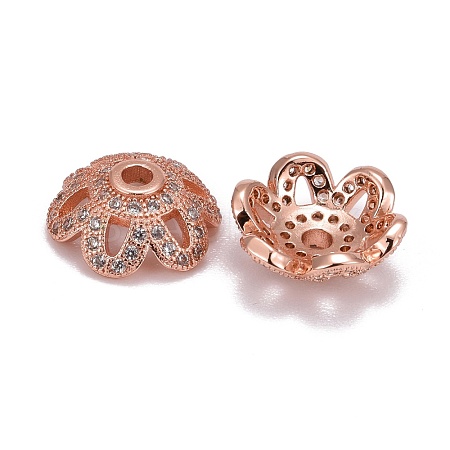 Eco-Friendly 6-Petal Flower Brass Micro Pave Cubic Zirconia Bead Caps ZIRC-M098-01RG-FF-1
