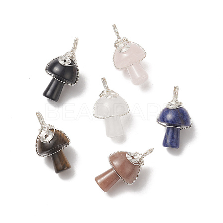 6Pcs Natural Mixed Gemstone Copper Wire Wrapped Pendants PALLOY-JF01969-1