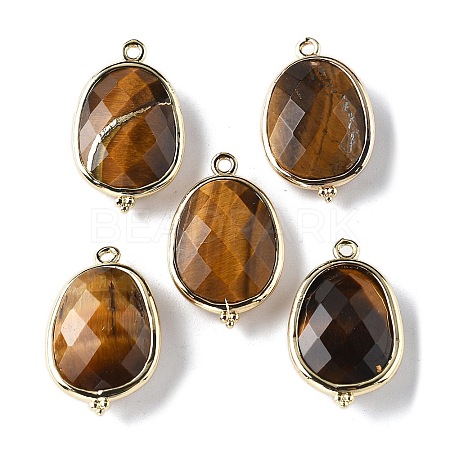 Natural Tiger Eye Faceted Oval Connector Charms G-H323-02G-08-1