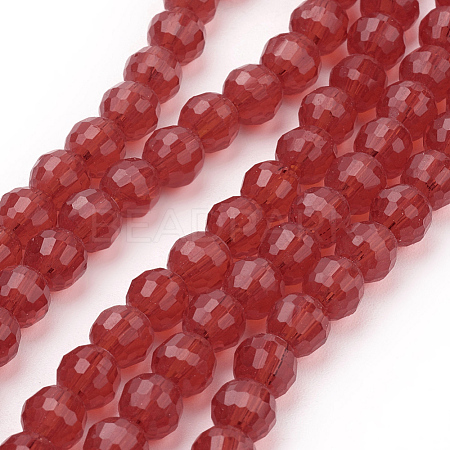 Faceted Red Transparent Glass Round Bead Strands X-GLAA-R095-6mm-22-1