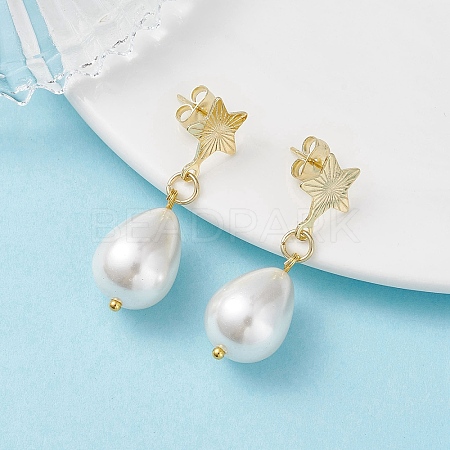 Brass Naturl Shell Pearl Star with Teardrop Dangle Stud Earrings EJEW-JE06742-1