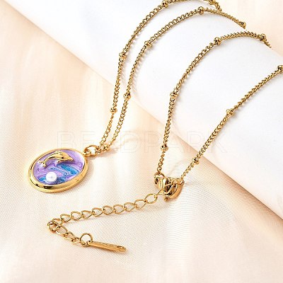 Summer Beach 304 Stainless Steel Lilac Enamel Pendant Necklaces for Women NJEW-U043-01C-G-1