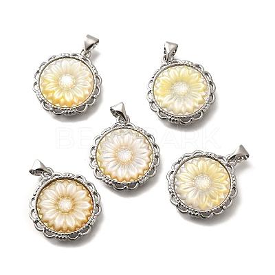 Brass Pave Natural Yellow Shell Carved Flower Pendants KK-Z091-02P-1