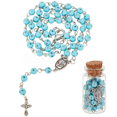 Sky Blue Acrylic Rosary Bead Necklaces NJEW-AB00002-1
