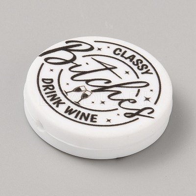 Flat Round with Word Food Grade Eco-Friendly Printed Silicone Focal Beads SIL-SZC0008-07C-1