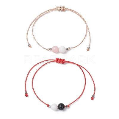 2Pcs Natural Rose Quartz & Eyeless Obsidian 
& Malaysia Jade Beads with Korean Waxed Polyester Cord Bracelets BJEW-JB12887-1