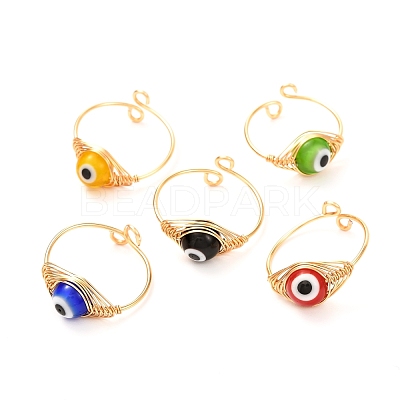Copper Wire Wrapped Handmade Lampwork Adjustable Rings for Women or Men RJEW-JR00389-1