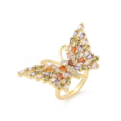 Butterfly Brass Micro Pave Colorful Cubic Zirconia Finger Rings for Women RJEW-G343-30G-01-1