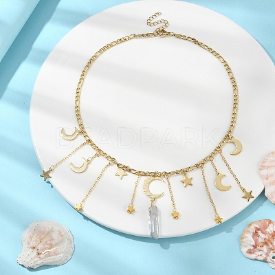 Moon & Star 304 Stainless Steel & Natural Quartz Crystal Charms Bib Necklace NJEW-TA00094-1