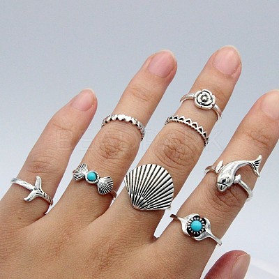 8Pcs Alloy with Synthetic Turquoise Finger Rings FS-WGB916C-08-1