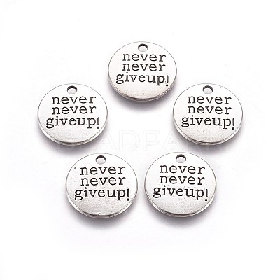 Tibetan Style Alloy Flat Round Carved Word Never Give Up Pendants LS-TIBEP-12585-AS-RS-1
