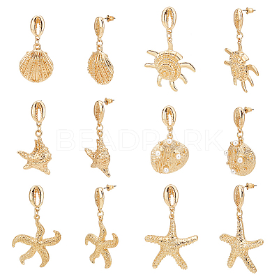 6 Pairs 3 Style Shell & Starfish Steel Asymmetrical Earrings with ABS Imitation Pearl Beaded EJEW-PH0001-15-1