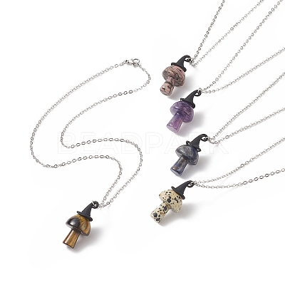 5Pcs 5 Style Natural Mixed Gemstone Mushroom with Witch Hat Pendant Necklaces Set NJEW-JN04198-1