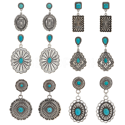 6 Pairs 6 Style Rhombus & Rectangle & Oval Synthetic Turquoise Dangle Stud Earrings EJEW-AN0001-05-1