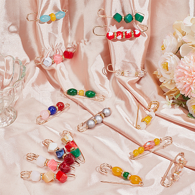 16Pcs 16 Style Resin Imitation Gemstone & Crystal Rhinestone Beaded Safety Pin Brooches JEWB-PH0001-27-1