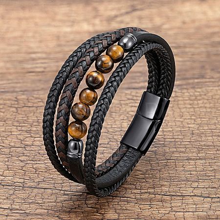 Natural Tiger Eye Round Beads & Braided Imitation Leather Cord Bracelets for Men FS-WGCE7B3-23-1