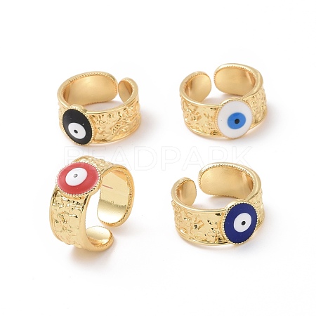 Enamel Evil Eye Open Cuff Ring RJEW-P032-42G-1