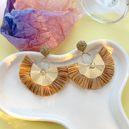 Bohemian Style Fan Alloy Raffia Dangle Stud Earrings FS-WGD68B3-05-1