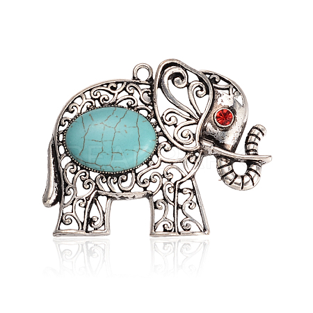 Antique Silver Plated Alloy Synthetic Turquoise Elephant Big Pendants PALLOY-J546A-01AS-1