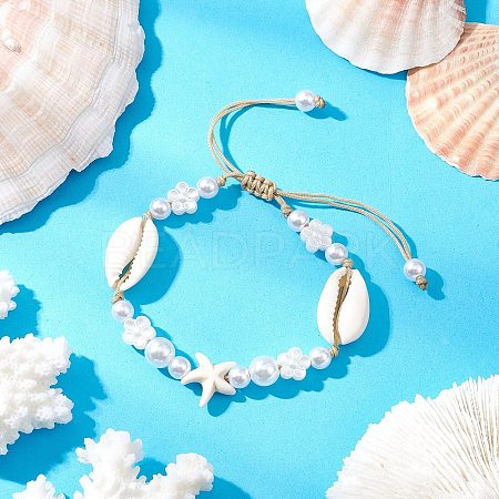 Adjustable Natural Cowrie Shell & ABS Plastic Imtation Pearl Beaded Braided Bead Bracelets for Women BJEW-JB11870-1