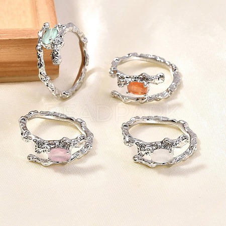 Oval Brass Cat Eye Cuff Rings for Women RJEW-U042-01P-1