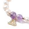 Natural Amethyst & Pearl Beaded Bracelet with Cubic Zirconia Heart Charm BJEW-JB08167-01-5