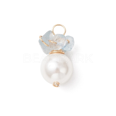 Natural Aquamarine Chip with Copper Wire Wrapped Shell Pearl Pendants PALLOY-JF04951-02-1