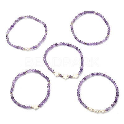5Pcs 5 Style Natural Amethyst & Pearl & Shell Star Beaded Stretch Bracelets Set BJEW-JB09495-04-1