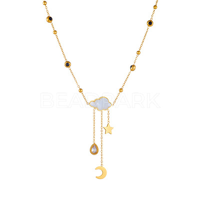 304 Stainless Steel Pave Clear Cubic Zirconia with Natural White Shell Cloud with Moon Star Tassel Pendant Necklaces for Women FS-WG2EBDD-01-1