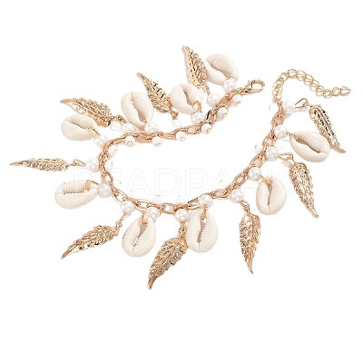 Boho Ocean Natural Cowrie Shell & Alloy Leaf & Plastic Pearl Tassel Anklets for Women WG179D1-01-1