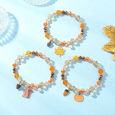 3Pcs 3 Styles Thanksgiving Day Alloy Enamel & ABS Plastic Imitation Pearl Charm Bracelets BJEW-JB12627-1