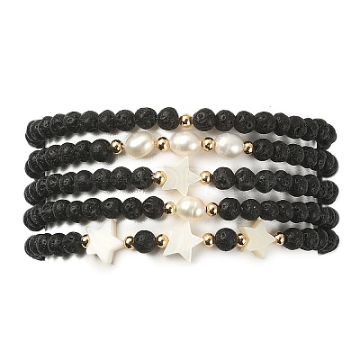 5Pcs 5 Style Natural Lava Rock & Pearl & Shell Star Beaded Stretch Bracelets Set BJEW-JB09495-03-1