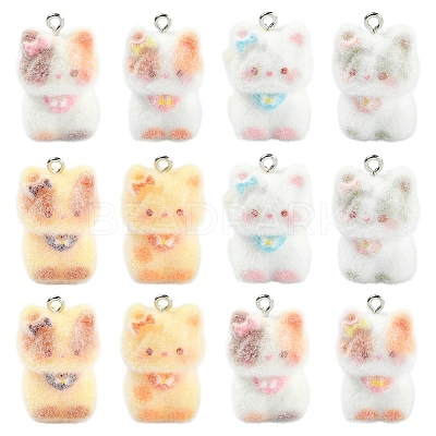 Cat Shape Flocky Opaque Resin Pendants RESI-YWC0002-04F-1