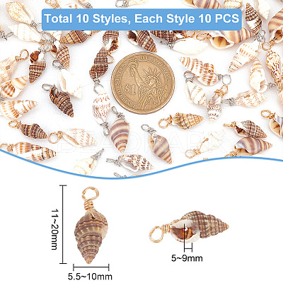 100Pcs 10 Styles Natural Shell Pendants PALLOY-AB00159-1
