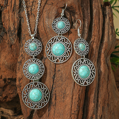 Bohemian Style Alloy & Synthetic Turquoise Pendant Necklaces & Dangle Earrings Sets WG2E1B4-01-1